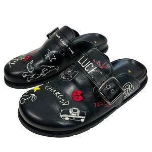 Coach Mens Black Leather Buckle Mule Clog Sketch Embroidered Print 10 43